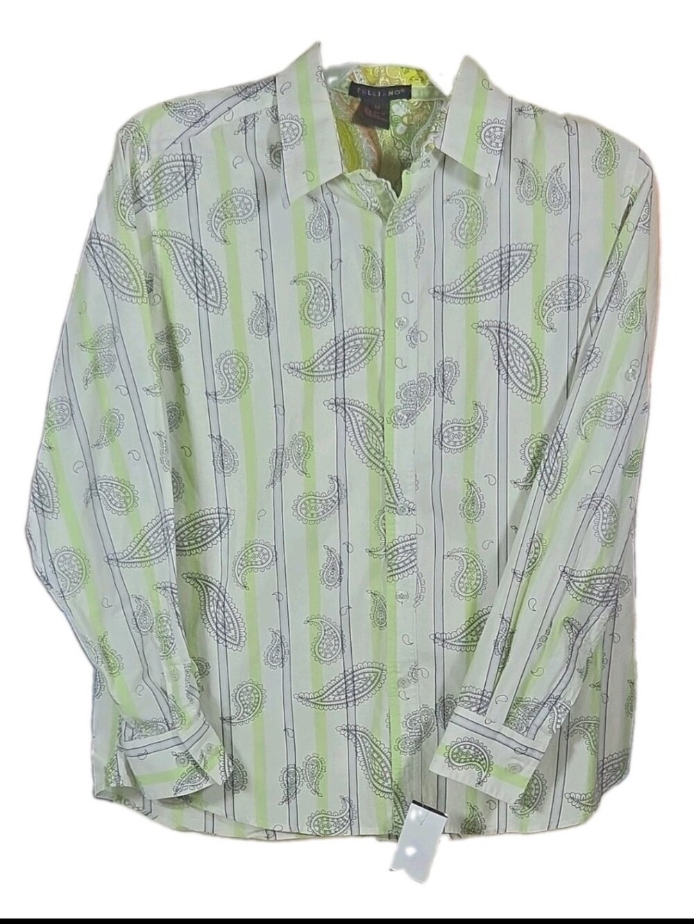 Tulliano Men's M Green/White Paisley Stripe Long Sleeve Cotton Woven Button-Up